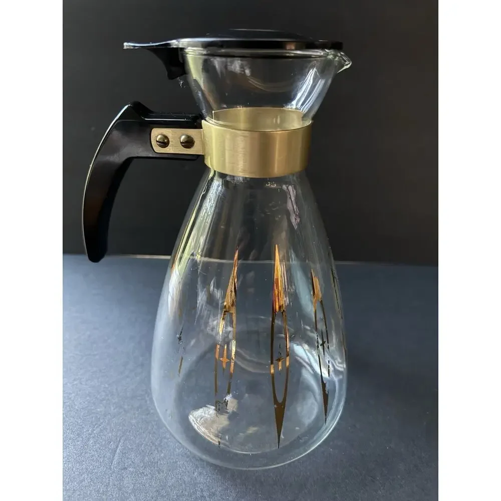 Vtg Atomic Glass Carafe Container MCM Servingware Barware Art Deco Clear Gold